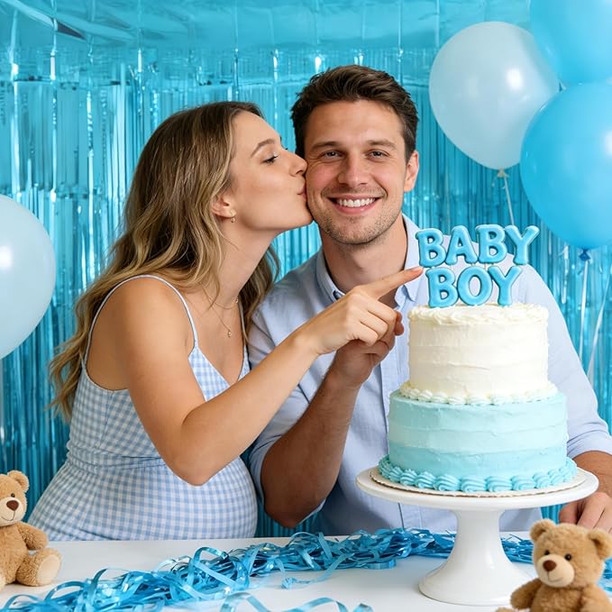 4 Pack Thickened Blue Metallic Foil Fringe Curtains Streamer Rip Resistant Shimmer Tinsel Photo Booth Backdrop for Birthday Wedding Christmas Bachelorette Party Decorations 3.28ft x 6.56ft