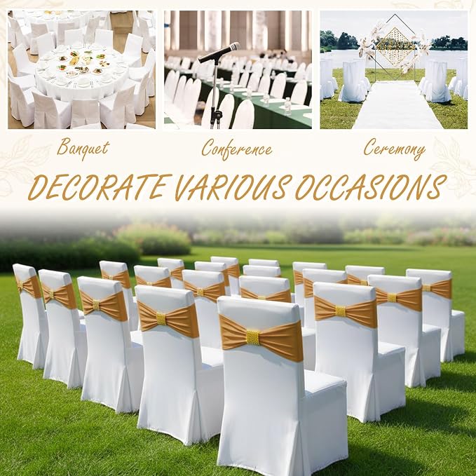 Moukeren 50 Pcs Spandex Chair Sashes with Buckles, Gold | Stretch Bands with Rhinestone Buckles, Universal Elastic Ribbons for Wedding Party Banquet Ceremony Birthday Event Decor - Image 7
