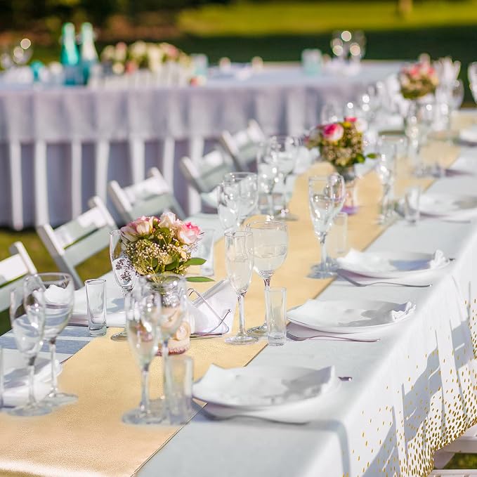 24 Packs Tablecloths Satin Runner White and Gold Graduation | 54x108 Inch Disposable Tablecloth and 12x108 Inch Satin Runners for Wedding Birthday Party Baby Shower Christmas New Year - Image 6