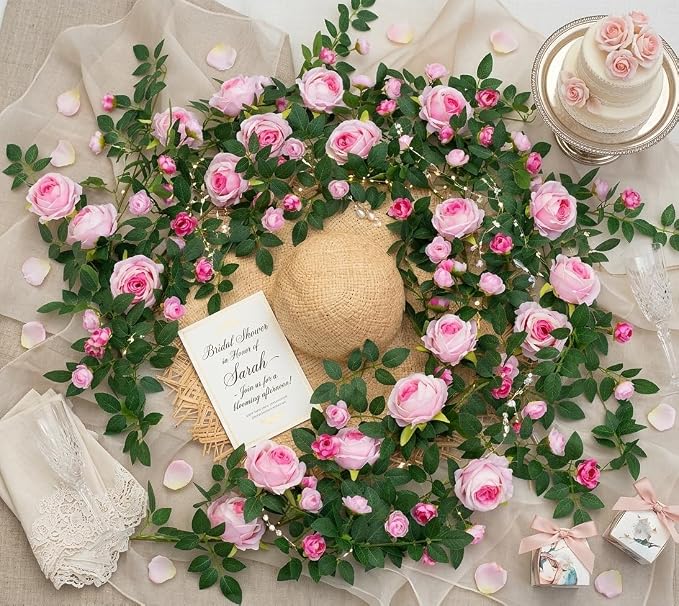 2 PCS 12FT Bendable Flower Garland, Artificial Rose Vine for Home Decor | Chamapagne Silk Rose Fall Floral Garland for outdoor wall trellis backdrop Baby shower Wedding Birthday Party Decoration - Image 8