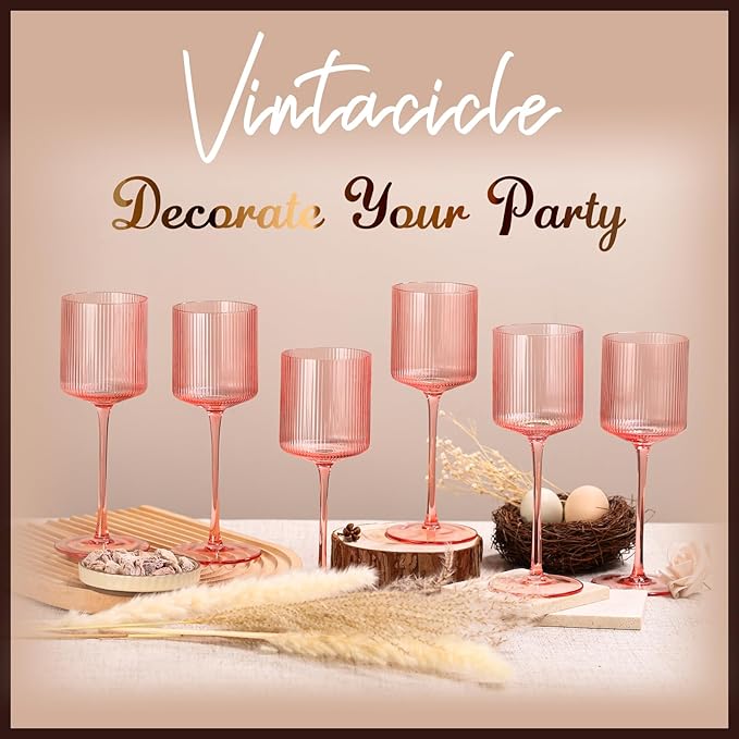 Pink Square Wine Glasses Set of 6, Elegant Ribbed Design Colored Crystal Glassware with Long Stem, 11.5oz Hand Blown Stemware For Red & White Wine Home Bar Party