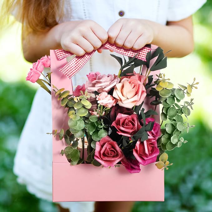 Teling 12 Pcs Flower Boxes for Arrangements Paper Pink Flower Gift Bags for Bouquets Portable Waterproof Floral Box with Handle for Wedding Floral Bar Party Decor Florist Supplies - Image 7