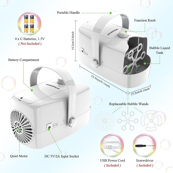 Bubble Machine, 3-in-1 Bubble Maker, Bubble Blower with 3 Bubble Wheels, Make Small | Medium | Big Bubbles for Kids Toddlers, Bubble Toys for Indoor Outdoor Birthday Party (White)