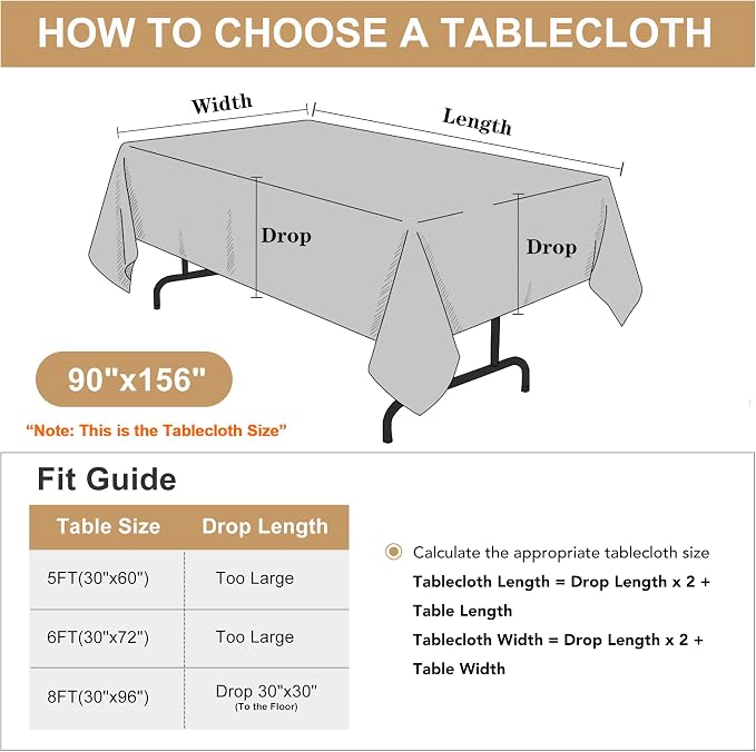 sancua Rectangle Tablecloth, 90 x 156 Inch, Light Grey | Stain and Wrinkle Resistant, Washable Polyester Cloth, Decorative Fabric Cover, For Dining Tables, Buffet Parties and Camping - Image 7