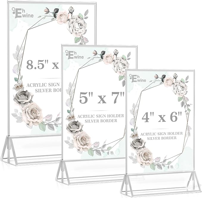 EHWINE 12 Pack Acrylic Sign Holder 4 x 6, Double Sided Silver Picture Frame Stand up Table Top Sign Holders, Clear Display Stand Menu Flyer Holder for Wedding Party(Provide Non-slip Mats) - Image 6