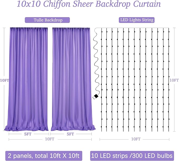 10ft x 10ft Purple Chiffon Backdrop Curtain with Lights String for Parties,2 Panels Sheer Tulle Curtain Wedding Backdrop for Baby Shower Birthday Party Ceremony Reception Home Decorations - Image 7