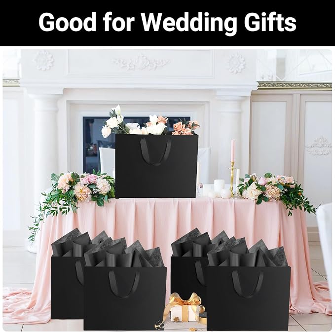 EUSOAR Large Gift Bag, 12pcs 16"x6"x12" Black Kraft Paper Shopping Bags with Handles Thank You Welcome Bags with 25pcs 20"x30" Black Tissue Paper and 12pcs White/Gold Cards for Party Favor Wedding - Image 6