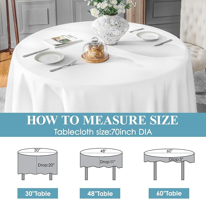 VidaFete 1 Pack 70inch Round White Tablecloth for 20"-58" Tables | Polyester Table Cloth, Stain and Wrinkle Resistant Table Cover for Dining Kitchen Party Wedding Banquet Buffet Decoration - Image 7