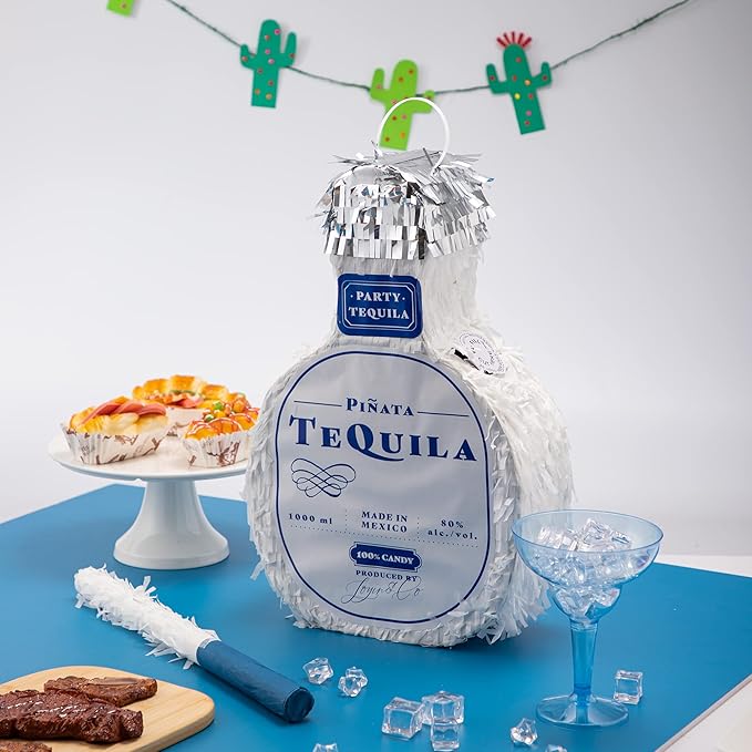 Tequila Bottle Pinata with Stick for Adult Party Decorations, Fun Fiesta Taco Party, Event Photo Props, Mexican Theme Decoration, Carnivals Festivals, 9.8W x 15.7H