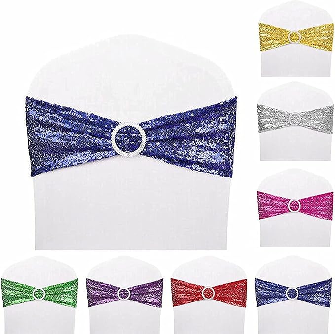 Sequin Chair Sashes Spandex, Pack of 50 Sequin Stretch with Buckle Chair Bands for Wedding Banquet Birthday Graduation Party Anniversary Prom Celebration Chair Decorations (Blue, 50pcs) - Image 6