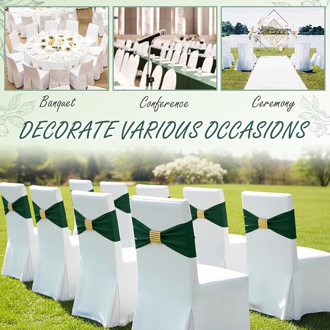 Moukeren 50 Pcs Spandex Chair Sashes with Buckles,Green | Stretch Bands with Rhinestone Buckles, Universal Elastic Ribbons for Wedding Party Banquet Ceremony Birthday Event Decor - Image 7