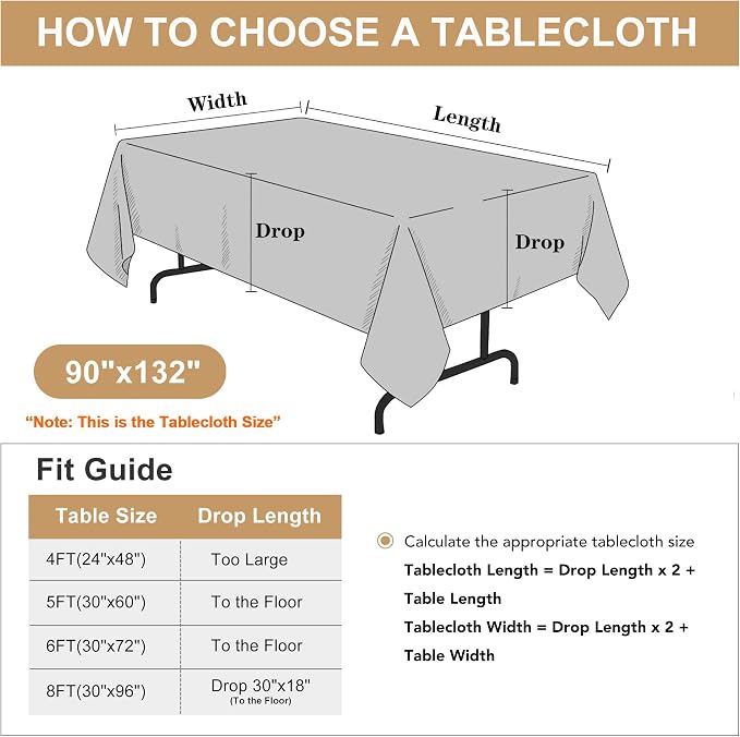 sancua Rectangle Tablecloth, 90 x 132 Inch, Grey | Stain and Wrinkle Resistant, Washable Polyester Cloth, Decorative Fabric Cover, For Dining Tables, Buffet Parties and Camping - Image 7