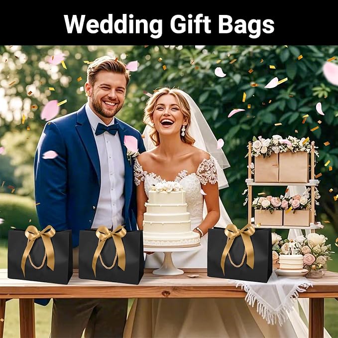EUSOAR Gift Bags With Ribbon, 12pcs 10.6"x3.1"x8.3" Black Kraft Thank You Paper Bags With Bow Ribbon Handle, Shopping Welcome Gift Treat Bag for Wedding Baby Shower Guests Bridal - Image 7