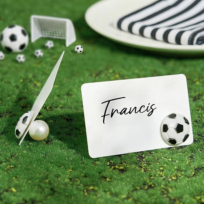UNIQOOO 24Pcs Soccer Place Card Holders Bulk, Name Card Stands Set, for Sports Party Decor, Birthday Table Setting, Name Tag, Party Food Labels