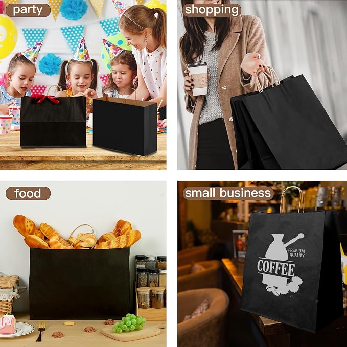 OUTUXED 110pcs 16x6x12in Black Paper Bags with Handles, Large Gift Bags | Kraft Large Paper Bags with Handles Bulk for Business, Christmas, Gifts, Wedding, Shopping, Grocery, Party Favors - Image 7