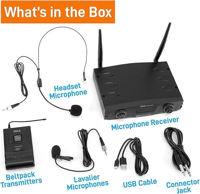 PYLE Compact UHF Wireless Microphone System - Pro Portable 1 Channel Desktop Digital Mic Receiver Set w/ Belt-Pack Transmitter, Receiver, Headset and Lavalier Mics, XLR, For Home, PA PDWM1988B,Black