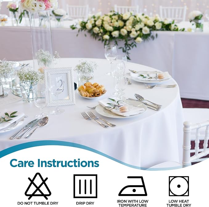 Sparkles Make It Special 10 pcs White 108 Inch Round Polyester Tablecloth | Elegant polyester table covers, perfect for weddings, receptions, dinners, & parties. Stain & wrinkle-resistant. - Image 6