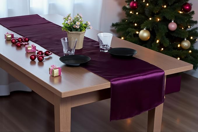 Pack of 30 Satin Table Runners 12 x 108 Inch Long Wedding Sateen Bright Silk Smooth Table Runner for Wedding Reception Birthday Graduation Party Event Banquet Dinner Decoration - Eggplant - Image 7