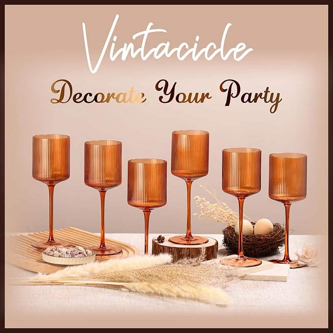 Halloween Decorations Maple Colored Square Wine Glasses Set of 6, Elegant Ribbed Design Amber Crystal Glassware with Long Stem, 11.5oz Hand Blown Stemware For Halloween, Thanksgiving