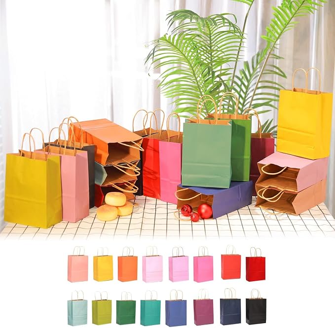 qiqee 100Pcs Medium Size Paper Gift Bags with Handles - 11"x8.3"x4.3" Kraft Small Party Bags - 16 Solid Colors - Image 8