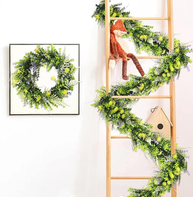 ECOOPTS 4 Pack 20" Artificial Flowers Greenery Garland Hanging Floral Vines Hanging Plants Faux Eucalyptus Leaves Vines for Wedding Arch Wall Table Party Outdoor Festival Decor (Green Yellow Purple) - Image 7
