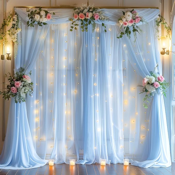 30ft x 10ft Blue Backdrop Curtain with Lights String for Parties, Sheer Tulle Wedding Photo Backdrops Drapes for Baby Shower Birthday Party Decorations Background for Photography - Image 7