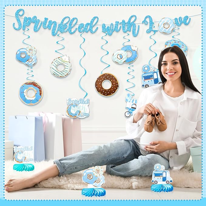 22 Pcs Baby Boy Sprinkle Decorations Blue Donut Baby Shower Decorations 1 PC Sprinkled Banner 18 Pcs Donut Hanging Swirls 3 Pcs Honeycomb Centerpiece for Birthday Party Supplies