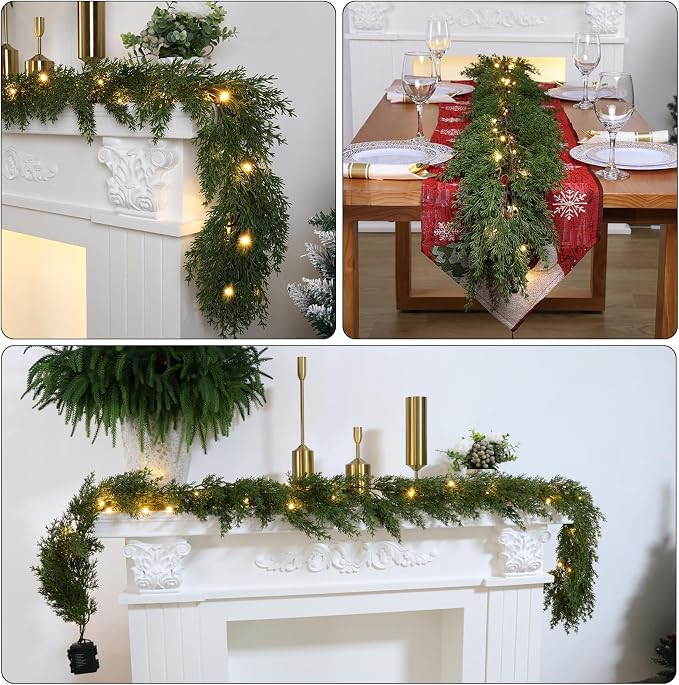 6.2 FT Prelit Christmas Cedar Garland 3 PCS, Realistic Artificial Pine Needle Faux Cypress Greenery with 20 Lights for Christmas Table Mantle Wall Room Outdoor Indoor Winter Decoration - Image 8