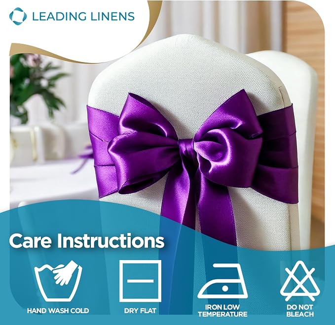 Leading Linens 200 pcs Purple 108"x8" Satin Bow Sash Chair Cover Decoration | Elegant satin chair bow sashes, perfect for weddings, receptions, banquets, & parties. Reusable & washable. - Image 6