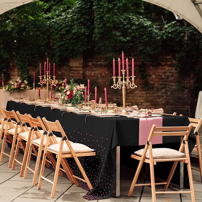 16Pack Disposable Plastic Tablecloths and Satin Table Runner Set Black and Rose Gold Dot Tablecloth Gold Satin Table Runner for Wedding Birthday Baby Shower Anniversary Christmas New Year Party Supply - Image 7
