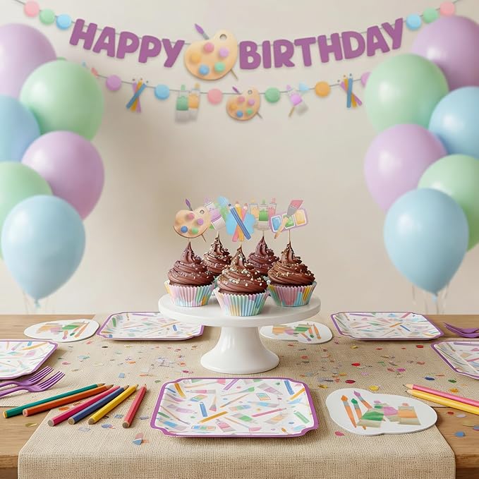 Art Party Decorations: 2-Piece Banner Set with Happy Birthday Banner and Paint Party Supplies Garland for Kids and Adults | Paint Party Decorations
