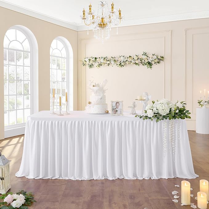 72inch White Polyester Table Skirts for Rectangle Tables 6ft(Cover Front), Wrinkle Free Pleats Ruffle Cloth Table Skirt for Banquet Wedding Party Cake Dessert Craft Gift Tables Decorations - Image 8