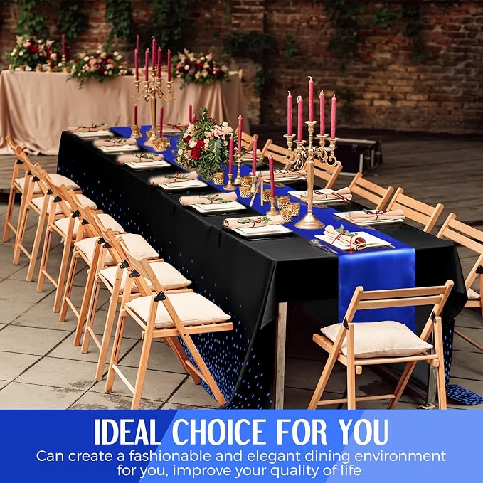 8 Pack Black and Blue Tablecloths and Satin Runners Set | 54x108 Inch Disposable Tablecloth and 12x108 Inch Satin Runners for Wedding Birthday Party Baby Shower Christmas New Year - Image 7