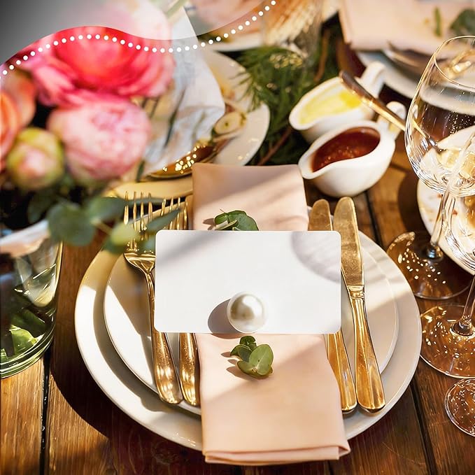 Leinuosen Decorative Pearl Place Card Stands and Cards Set, 48 Pcs Elegant Pearl Stands and 96 Pcs Black and White Card for Wedding, Table Place, Food Labels Business, Dessert Table Decor