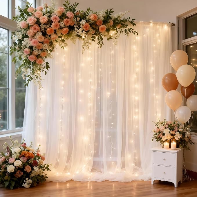 30ft x 8ft White Backdrop Curtain Panels with Lights String for Parties, Sheer Tulle Wedding Backdrop Drapes for Baby Shower Birthday Party Home Decorations - Image 7