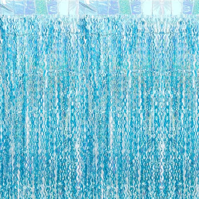 Ocean Sea Foil Fringe Backdrop Metallic Wavy Tinsel Streamer Garland Party Decoration, 4 Pack 6.56*3.28 FT Blue Tinsel Streamer Curtains Photo Booth Backdrop For Birthday Wedding Anniversaries Holiday