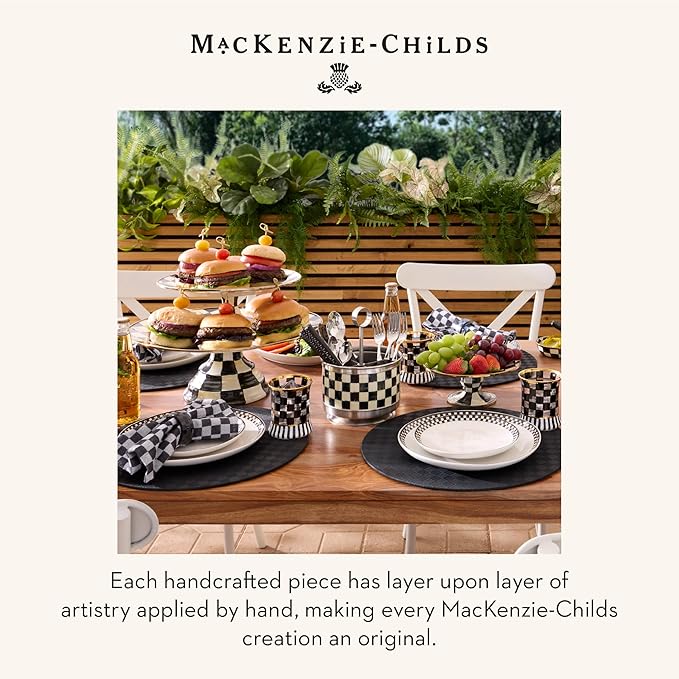 MACKENZIE-CHILDS Enamel Pedestal Serving Platter, Decorative Serving Dish for Food, Small, Black-and-White Courtly Check