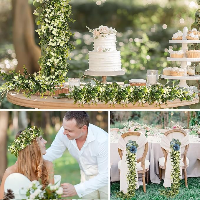 6FT Eucalyptus Garland with Flowers, 2 Pack Artificial Greenery Garland Hanging Summer Eucalyptus Garland Suitable for Table Wedding Backdrop Arch Wall Party UV Protected Indoor Outdoor Decor - Image 9