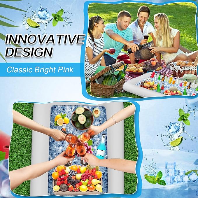 Leitee Inflatable Serving Bar with Drain Plug 52 x 24 x 5'' Inflatable Ice Serving Buffet Bar for Party Food Cooler Buffet Drink(White,Basic Style)