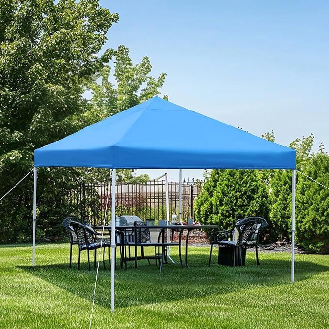Amazon Basics Outdoor Pop Up 10 x 10 Canopy Tent for Events, Portable with Easy Setup, Sun Shelter for Outdoor Activities, Includes Wheeled Carry Bag, 8 Pegs, 4 Ropes, 4 Weighted Bags, Blue