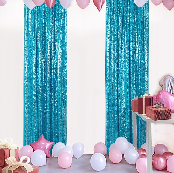ShinyBeauty Sparkle Backdrop Curtain Aqua 2 Panels Set Sequin Photo Backdrop Turquoise 2FTx8FT Sequin Backdrop Curtain Aqua Blue Pack of 2-1220S - Image 8