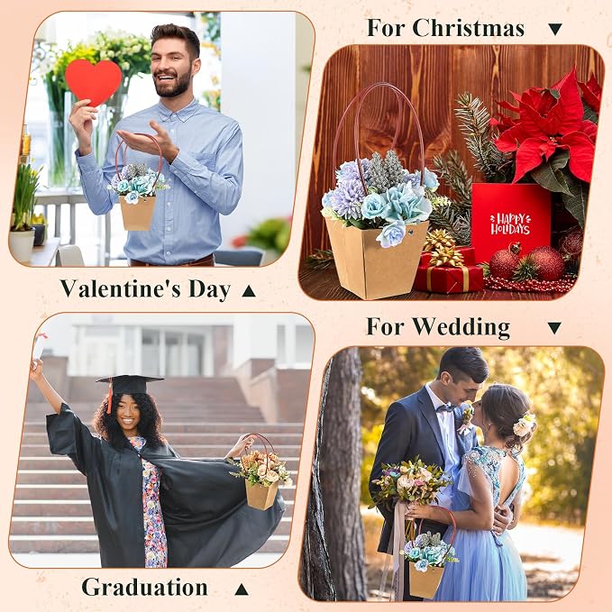 Gilprop 15 Packs Bouquet Bag Kraft Paper Flower Gift Bags with Handle Bouquet Bag Box with Waterproof Lining for Birthday Wedding Party Favors (12.5 x 4.9 x 3.1 Inch,Brown) - Image 6