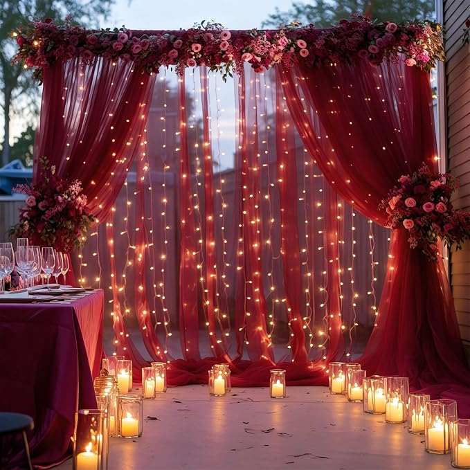 10×10ft Burgundy Tulle Backdrop Curtain with Lights String for Parties, Sheer Photo Backdrop Curtains for Wedding Party Photography Background - Image 7
