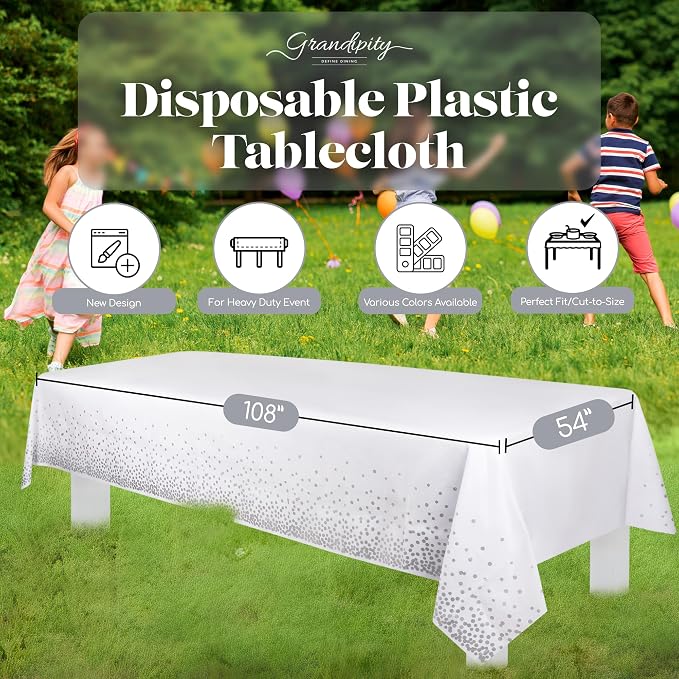 Grandipity Grey Dot on White 6 Pack Premium Disposable Plastic Tablecloth 54 Inch. x 108 Inch. Decorative Rectangle Table Cover - Image 6