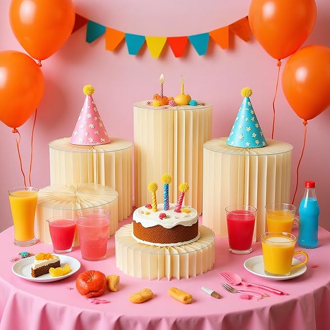 5PCS Buffet Risers, Cylinder Stands for Party with Acrylic Plates, Foldable Food Display Risers, Food Risers for Buffet Table, Weddings, Baby Showers, Birthday, Events Centerpieces Decor (3.9"+5.9"+9.8"+11.8"+15.7")