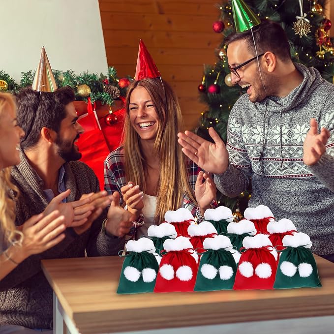 Wesnoy 50 Pcs Christmas Velvet Drawstring Bags White Pom Poms Santa Gifts | 6x7 Inch Festive Pouches for Candy Wrapping, Party Favors, Goodie Bags, Holiday Treat Packaging for Christmas Celebrations - Image 7