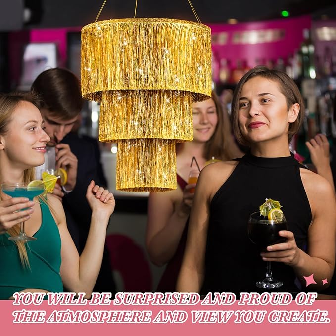 1 Piece 3 Tier Fringe Tinsel Chandelier Fringe Chandelier Decoration Birthday Bachelorette Party Decoration Iridescent Foil Shimmering for Wedding Home (Gold)