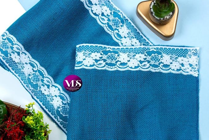 VDS Pack of 15, Burlap Table Runner with White Lace Edge, 100% Natural Jute Rustic Hessian Table Cloth Centerpiece for Wedding Birthday Party Banquet Table Decoration (Size 12X108 Inch)(Teal) - Image 6