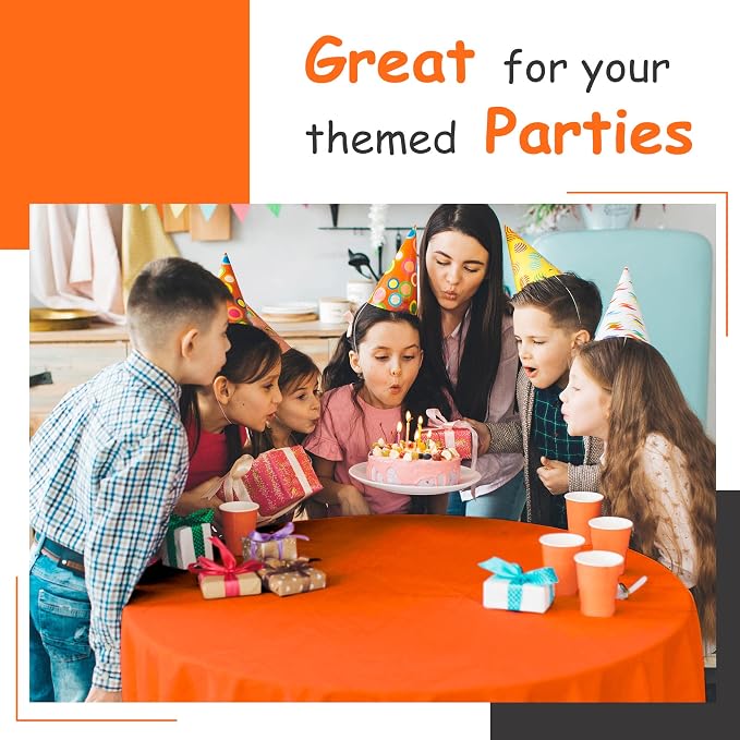 Premium Round Orange Plastic Tablecloth - 84 x 84 in. Disposable Plastic Table Cloth - Smooth Decorative Table Cover - For Parties, Weddings - Image 5
