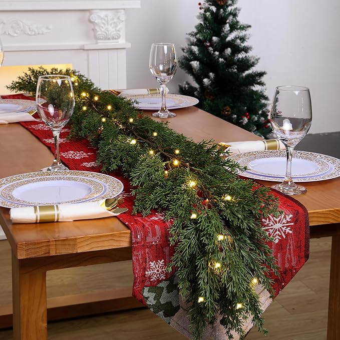 6.2 FT Prelit Christmas Cedar Garland with 20 Lights - Realistic Artificial Pine Needle Faux Cypress Greenery for Christmas Table Mantle Wall Room Outdoor Indoor Winter Decoration - Image 7